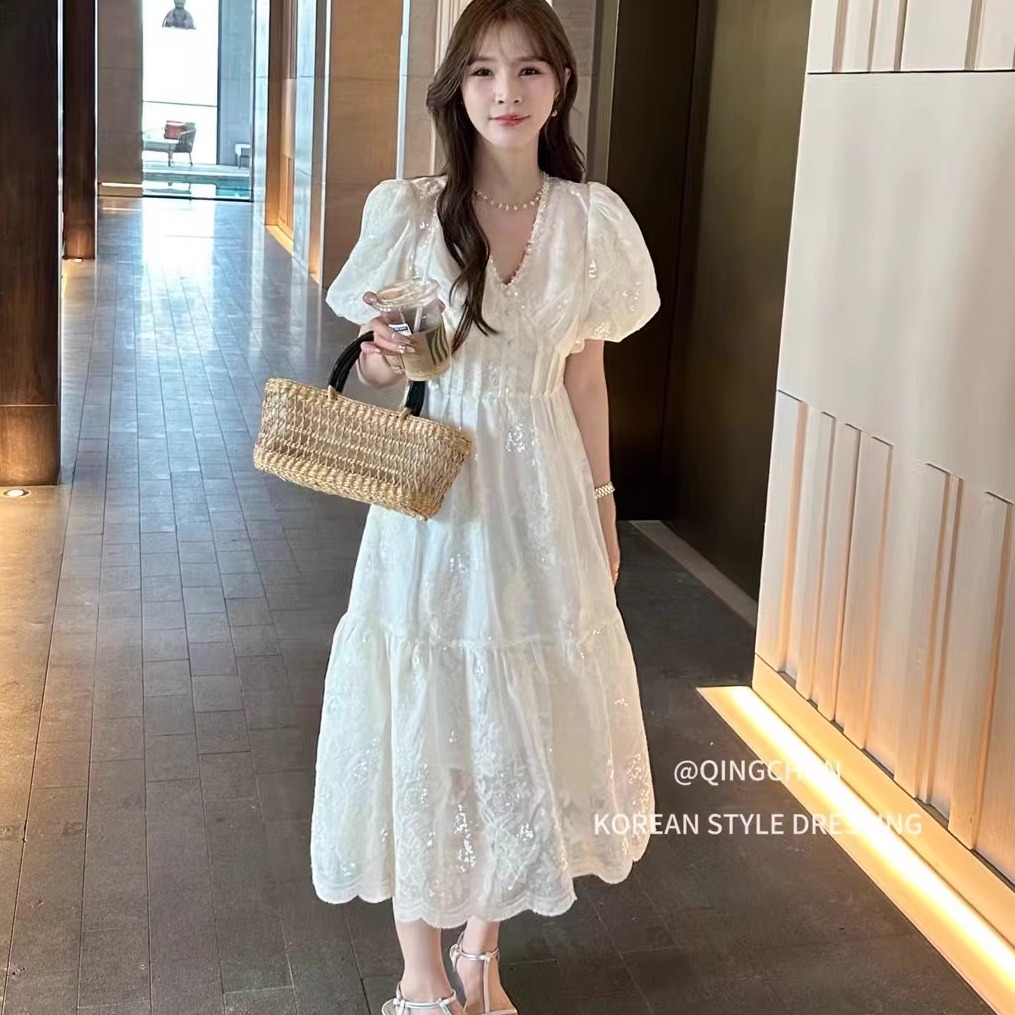 8532重工钉珠V领短袖连衣裙刺绣亮片气质修身收腰显瘦长裙女装夏