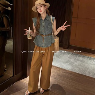 两件套春夏女装 特价 系腰带马甲背心休闲直筒裤 牛仔衬衫 潮 8311无袖