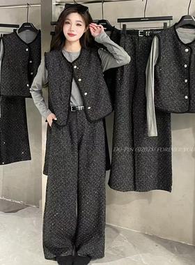 特价独品82200时尚三件套满天星马甲长袖阔腿长裤套装女春新款潮