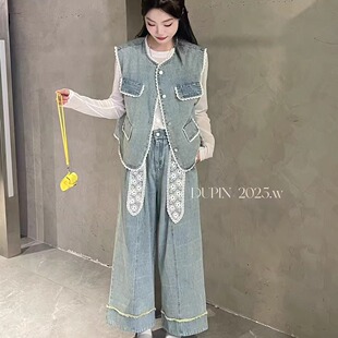 特价独品20005蕾丝花边牛仔马甲背心打底衫阔腿裤飘带女春套装