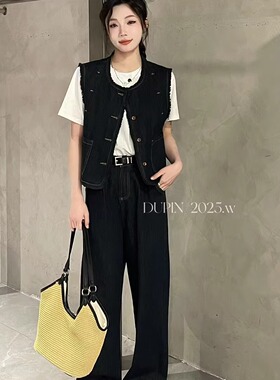 特价独品82198毛边牛仔马甲坎肩背心直筒长裤套装休闲女春两件套