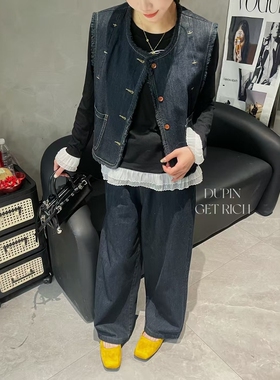 特价独品82198牛仔马甲背心宽松直筒长裤时尚两件套洋气套装女春