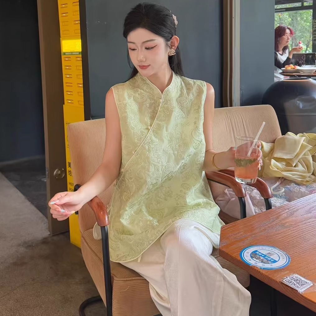 特价2602新中式斜门襟盘扣提花背心上衣无袖马甲衬衫国风女装夏季