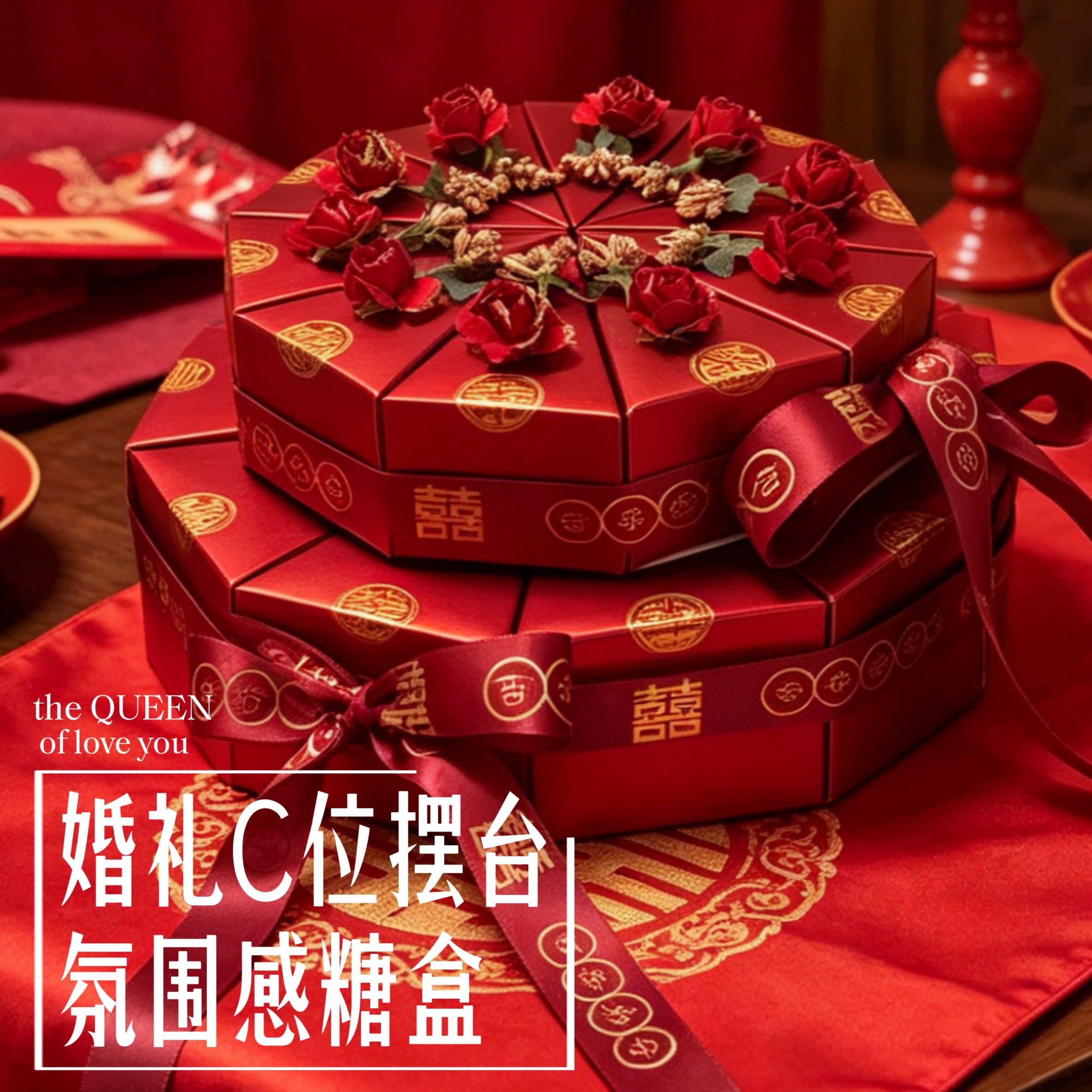国风红花蛋糕形婚礼订婚喜糖盒图片