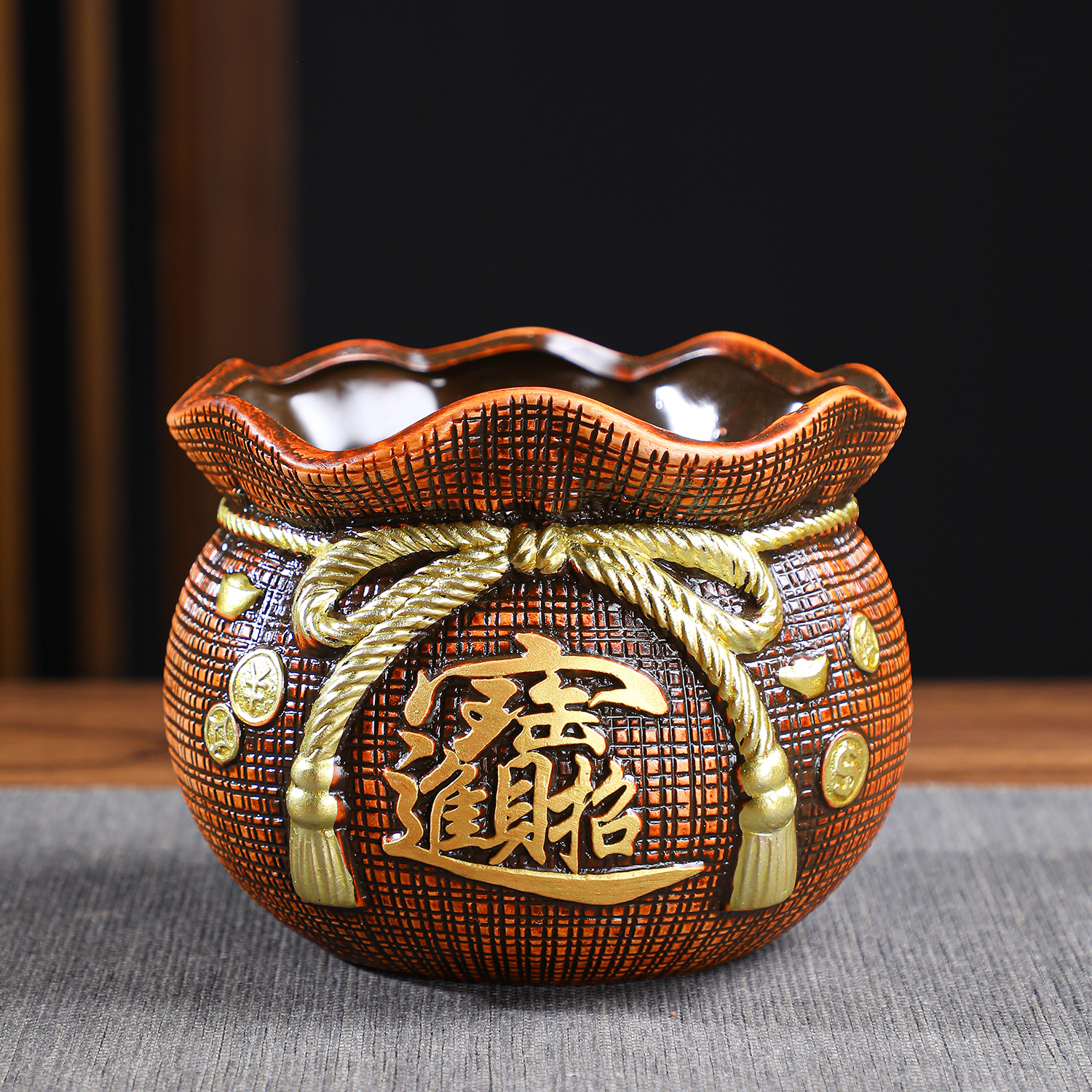 古典花盆手工福袋造型陶瓷花盆中式复古装饰花瓶室内桌面发财树盆