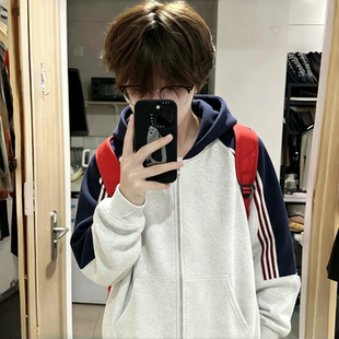 美式复古连帽开衫卫衣男女秋冬宽松撞色条纹拼接重磅运动休闲外套