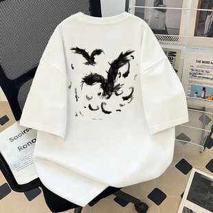 印花重磅纯棉高街小众设计半袖 T恤男女宽松落肩袖 嘻哈风短袖 美式