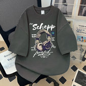 复古Schepp耳机印花潮牌男女情侣半袖 美式 上衣 T恤 重磅纯棉短袖