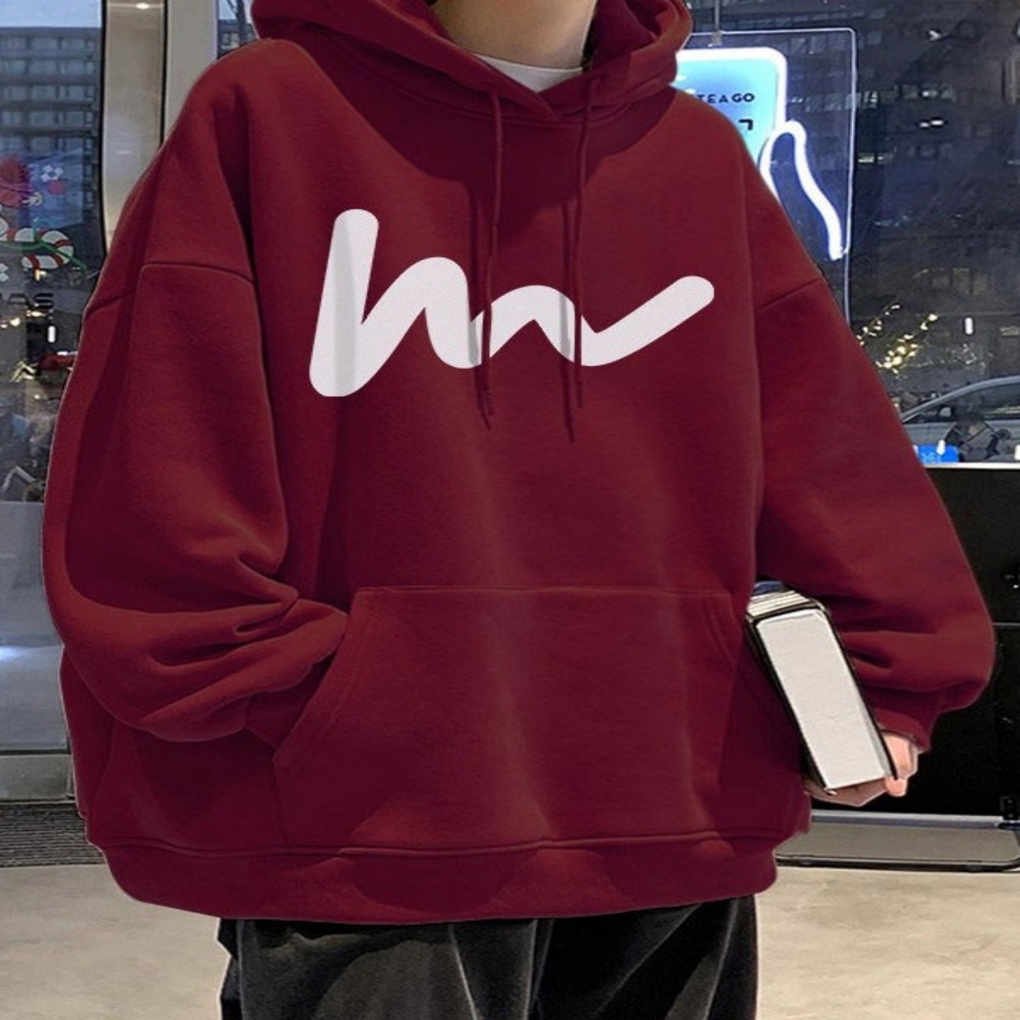 纯棉酒红色连帽卫衣男款