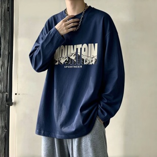 藏青色重磅纯棉长袖T恤男女宽松美式新款字母印花百搭原宿风上衣