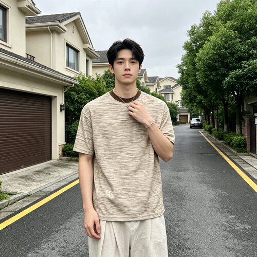 夏季男士麻纹撞色领条纹T恤