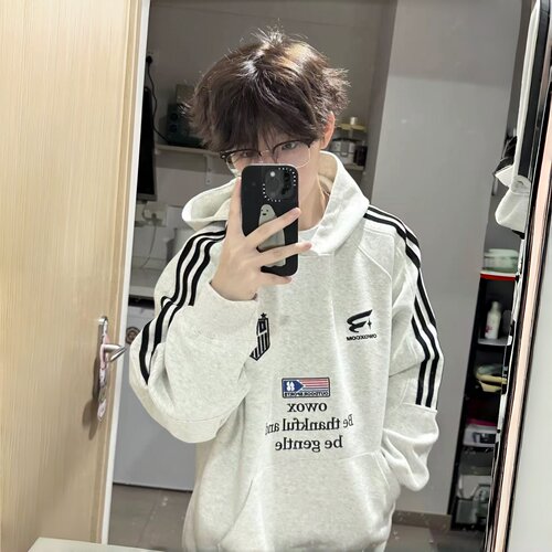 美式复古三条杠加绒连帽卫衣情侣