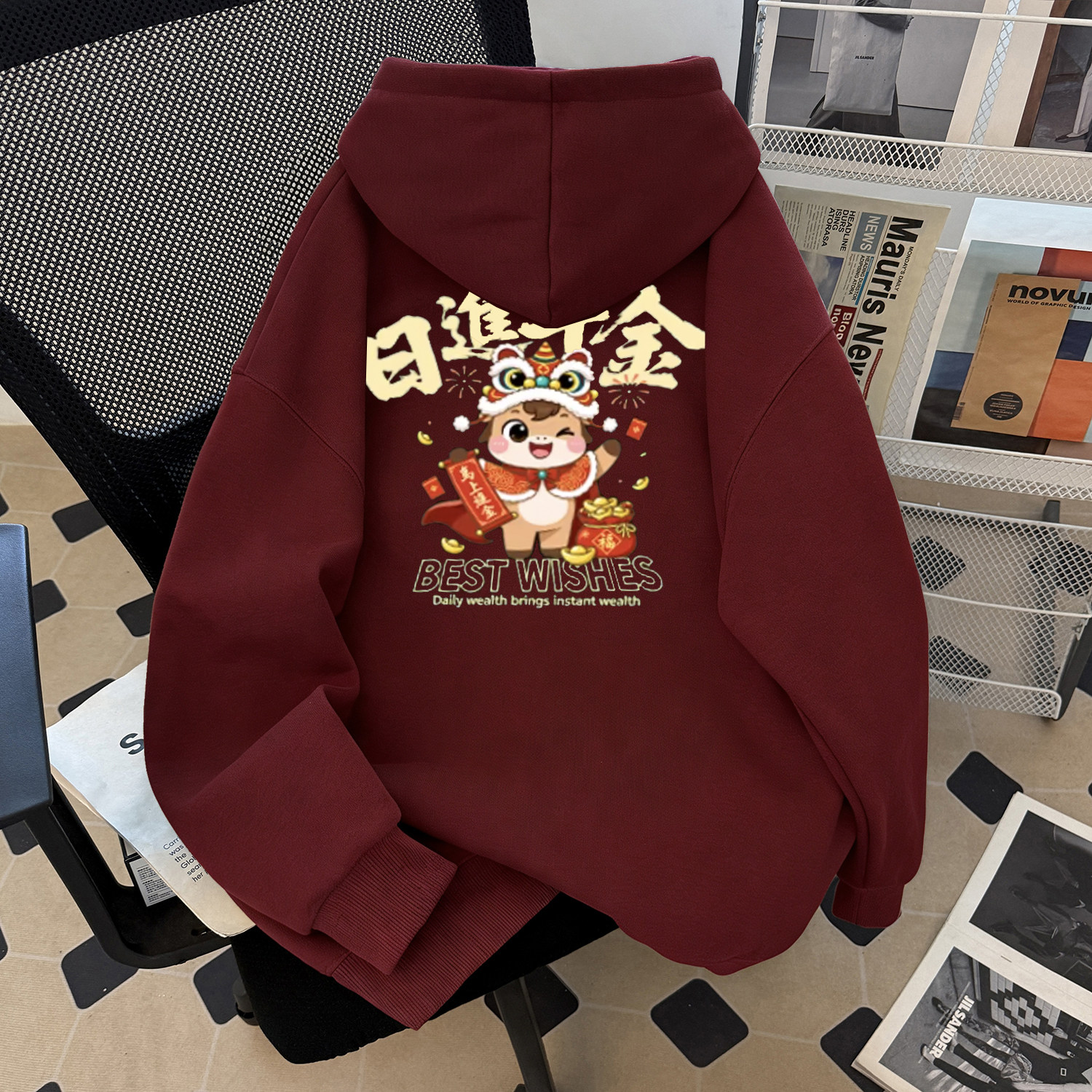 新年卡通小马连帽印花卫衣男女2026新款加绒加厚酒红色上衣外套潮,男装,卫衣,淘宝优惠券,粉丝福利购,淘宝优惠卷