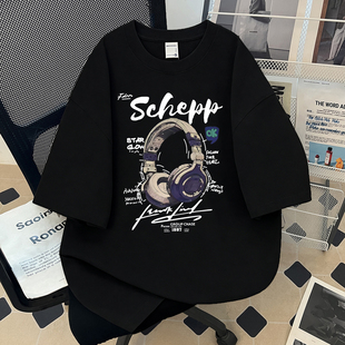 Schepp字母印花情侣半袖 T恤男女宽松落肩袖 上衣 潮牌纯棉短袖 美式