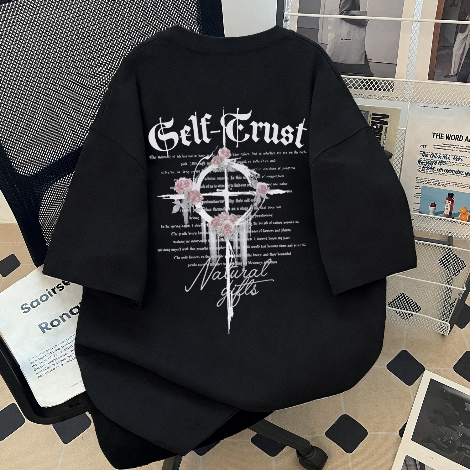 美式高街风落肩袖短袖T恤男女情侣装字母印花圆领潮牌设计感上衣,男装,T恤,淘宝优惠券,粉丝福利购,淘宝优惠卷