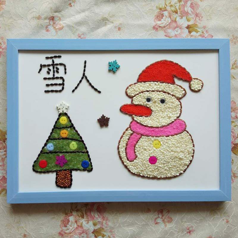 益智儿童手工玩具创意五谷豆子扣子黏贴画 幼儿园材料包新颖雪人