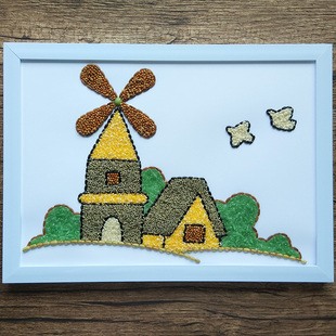 益智玩具 幼儿园手工课制作豆子材料包 创意DIY风车磨坊半成品A4