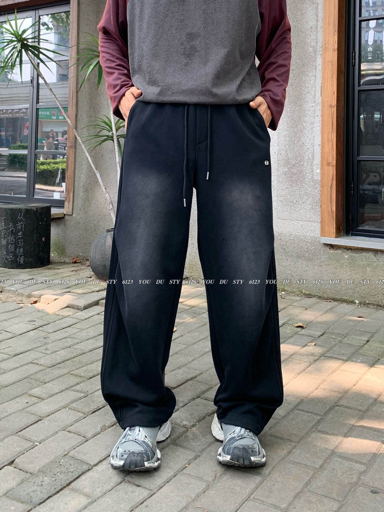 YOUDU秋季新款男休闲裤美式水洗做旧扎染刺绣直筒裤阔腿裤炸街裤