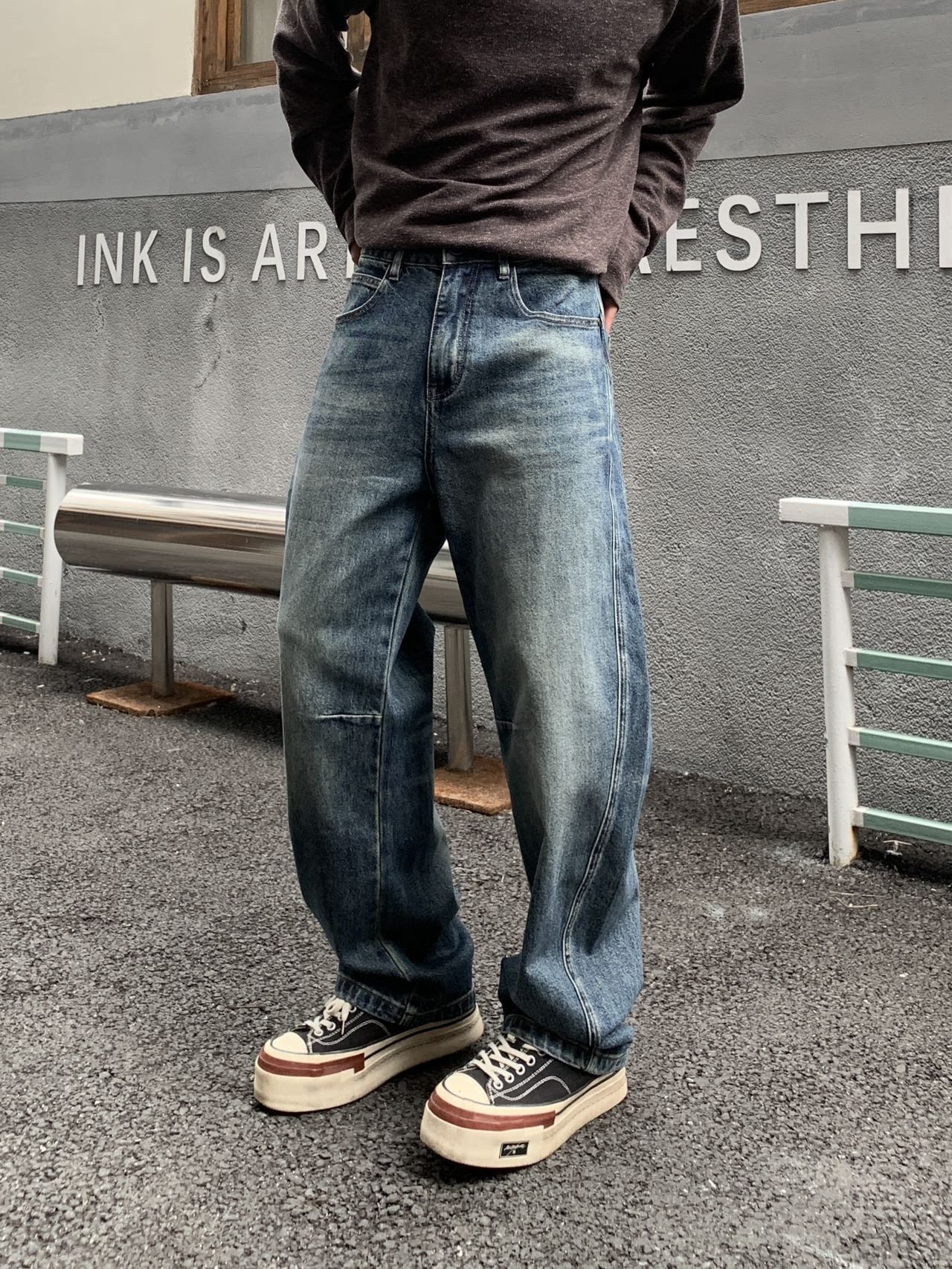 叁体美式复古水洗做旧牛仔裤男秋季新款宽松直筒阔腿休闲长裤子潮