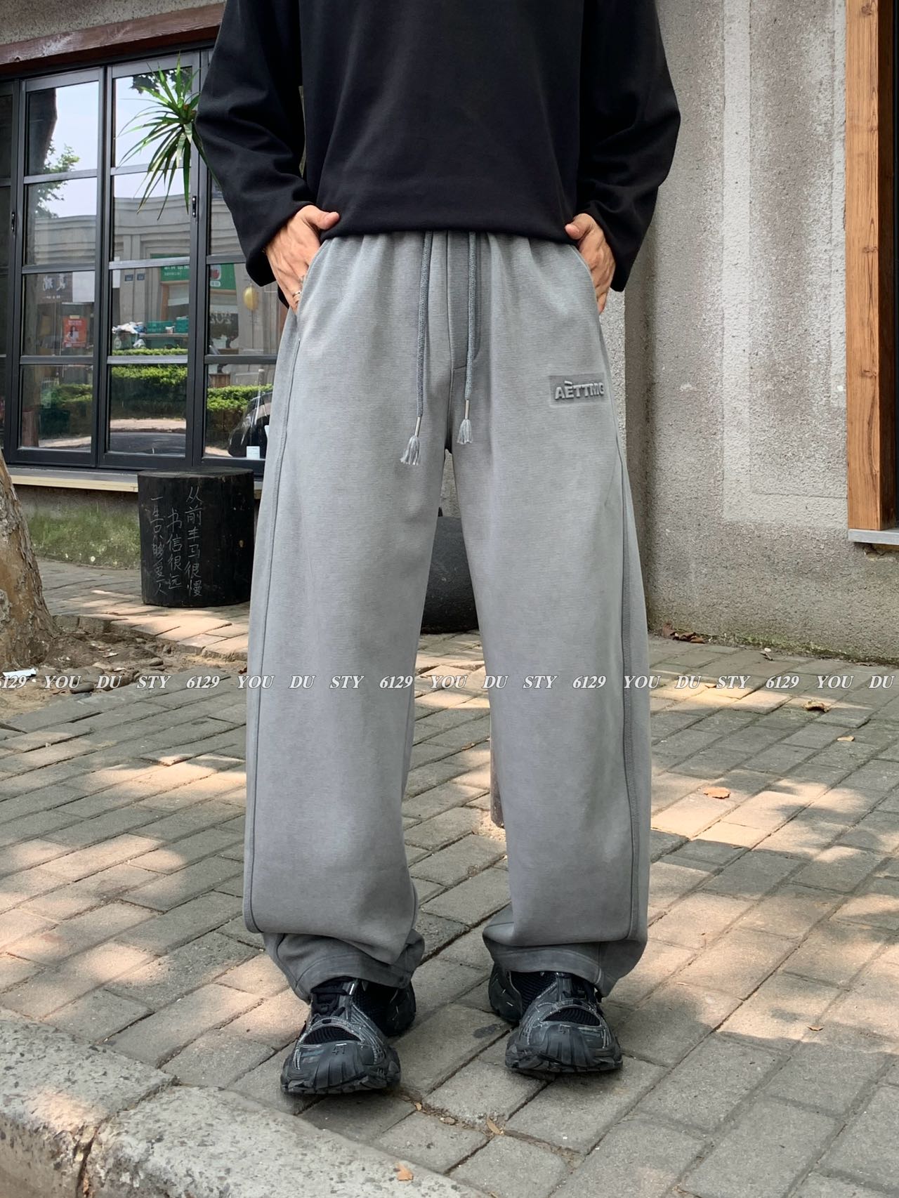 YOUDU秋季新款男士休闲裤美式水洗做旧脏脏裤宽松直筒阔腿长裤潮