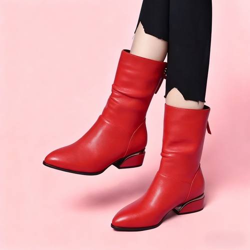 真皮中筒靴女低跟尖头粗跟马丁靴