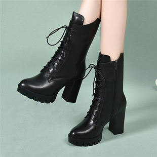2025秋冬新款真皮高跟中筒靴女防水台马丁靴圆头粗跟长款皮靴子