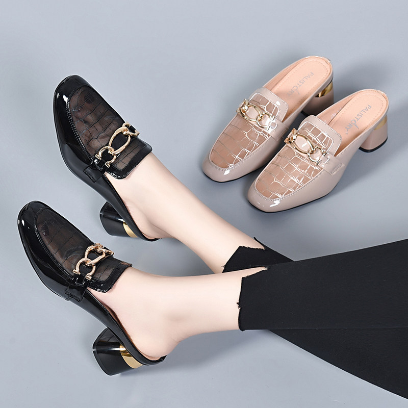 真皮包头半拖鞋女夏外穿2023新款网纱英伦风凉拖乐福鞋粗跟女主角