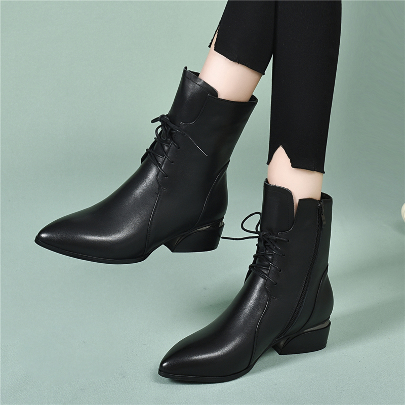 秋冬季真皮低跟短靴粗跟马丁靴