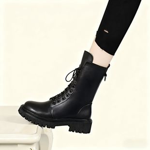 2025新款英伦风马丁靴女秋冬季真皮厚底中筒靴女圆头粗跟系带皮靴