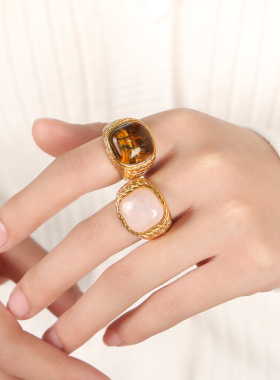 欧美时尚英伦风复古小众轻奢个性镶嵌虎眼石钛钢戒指指环中指食指