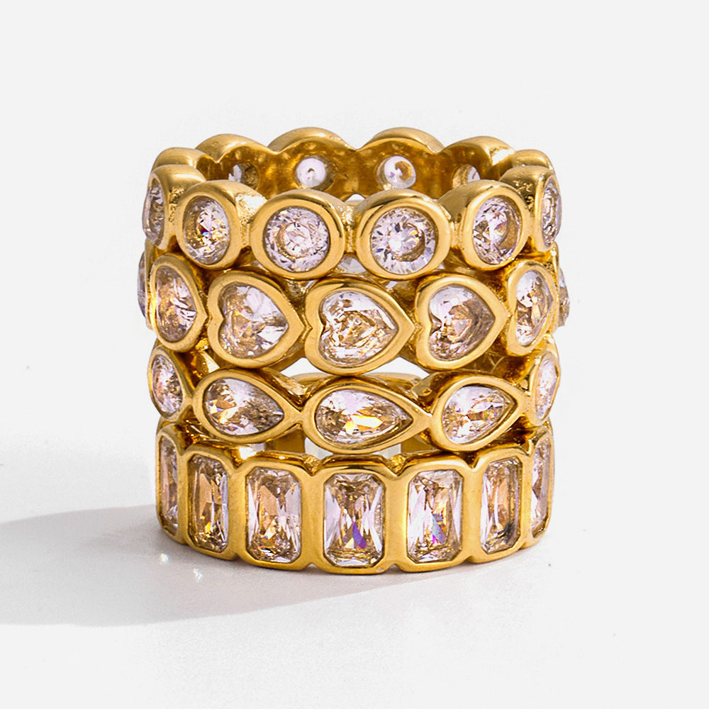 欧美跨境小众设计钛钢镀18K金爱心镶钻满钻戒指指环女饰品百搭