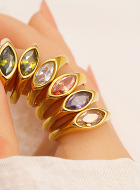 时尚轻奢4色马眼钻钛钢镀18K金戒指欧美跨境小众设计指环中指食指