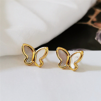 日系蝴蝶立体白贝母优雅唯美耳钉 网红时尚钛钢镀18K金耳环耳饰女