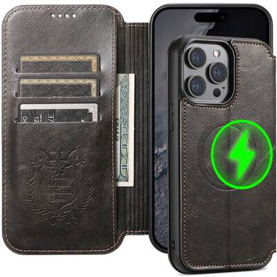 适用iPhone14ProMax手机壳翻盖插卡支持磁吸无线充leather case for iphone 14plus cover flip casing皮套13