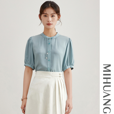 米皇2025春季新款圆领中国风桑蚕丝女衫上衣新中式复古真丝T恤