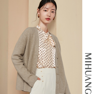 米皇秋冬新款 休闲宽松显瘦针织外套女上衣 V领加厚纯山羊绒开衫