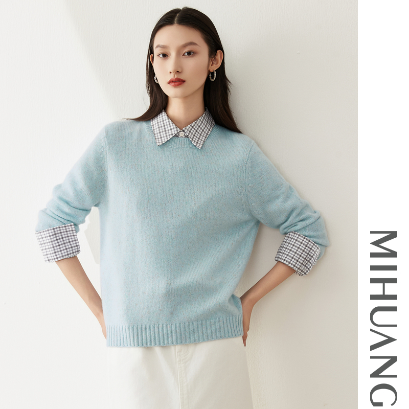 米皇2025秋季新款圆领加厚羊绒衫女上衣休闲纯色纯羊绒针织毛衣