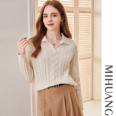 米皇冬季新款翻领套头羊绒衫女韩版抽条纯羊绒针织毛衣打底衫