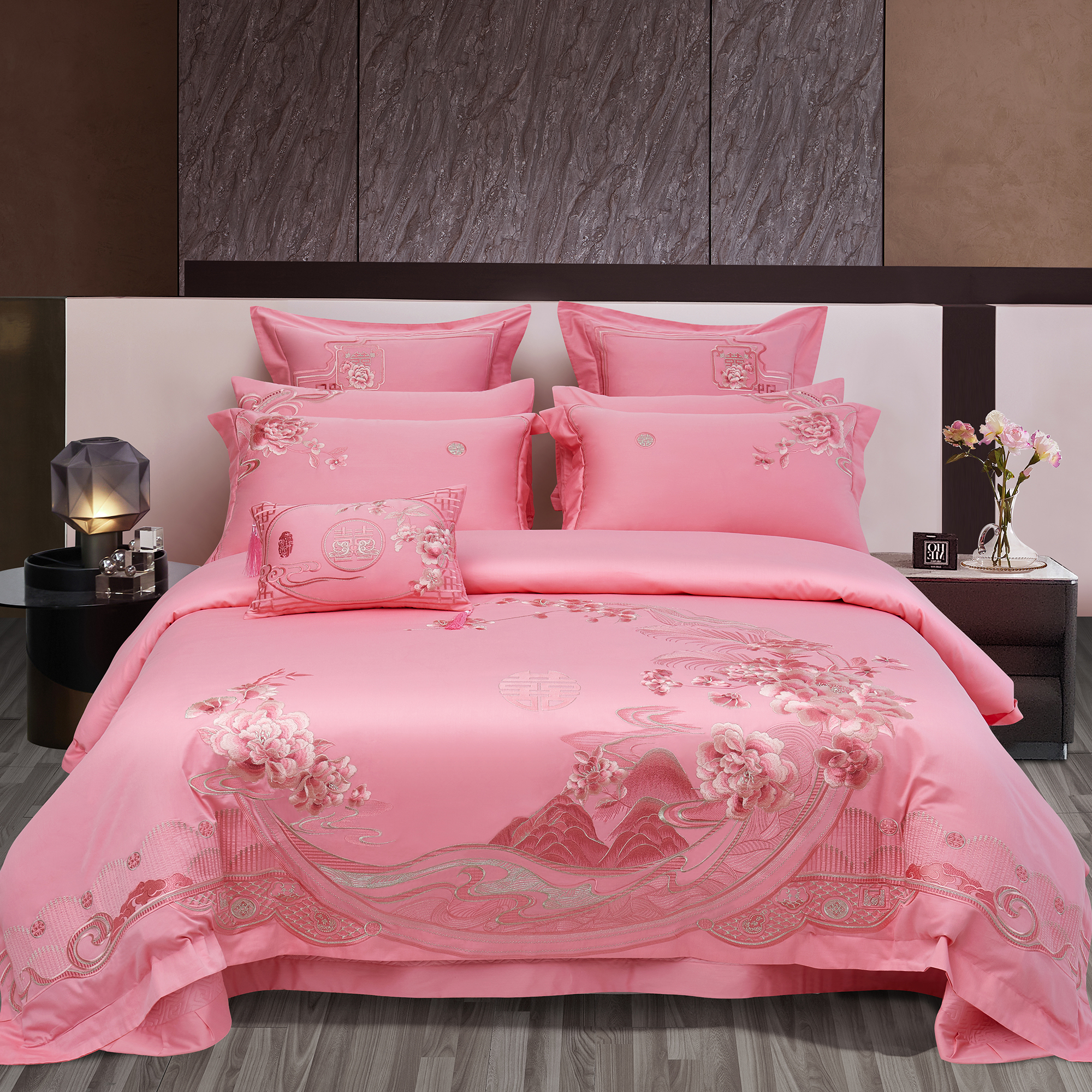 140支全棉粉色刺绣婚庆四六件套