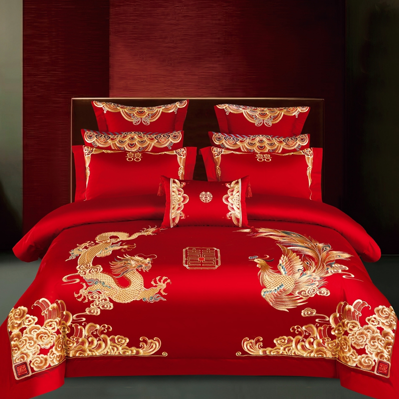 140支全棉大红龙凤婚庆四六件套