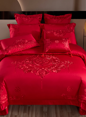 140s支全棉婚庆四件套大红色刺绣婚房床上用品结婚六十件套喜被子