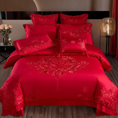 140s支全棉婚庆四件套大红色刺绣婚房床上用品结婚六十件套喜被子