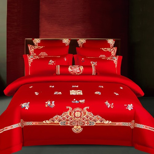 140s支全棉长绒棉百子图婚庆四六十多件套大红色刺绣结婚床上用品