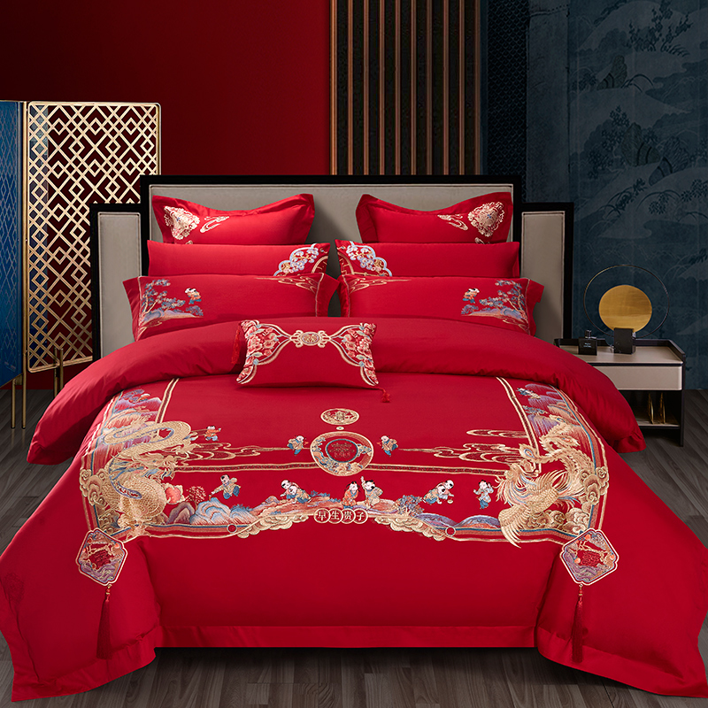 龙凤百子图婚庆四件套1.8米刺绣十件套大红色结婚六件套床上用品