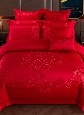 140s支全棉婚庆四件套刺绣大红色结婚六十件套婚房床上用品喜被子