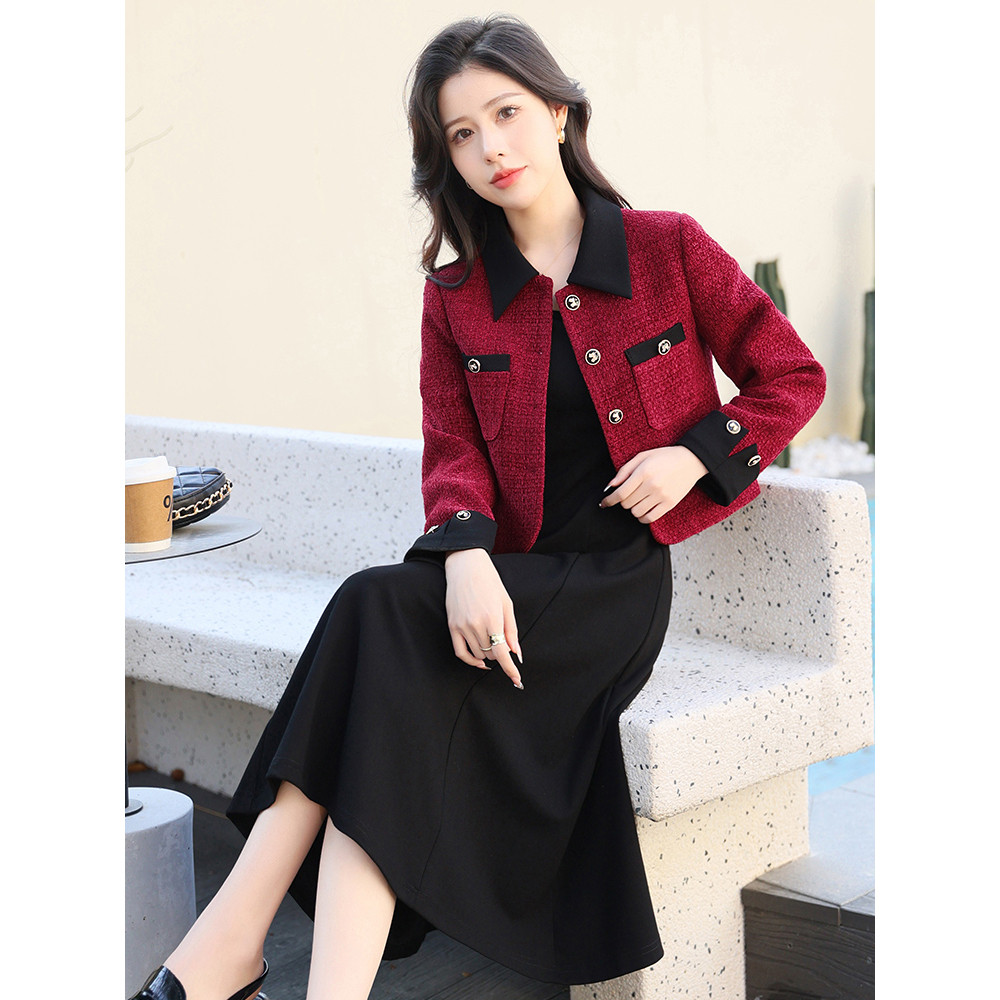 红色小香风短外套套装女秋冬撞色翻领粗花呢无袖收腰连衣裙两件套
