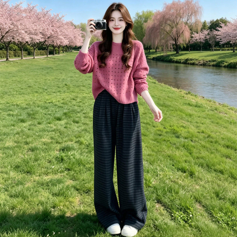 时尚套装女秋季新款洋气宽松镂空针织毛衣格纹阔腿裤两件套