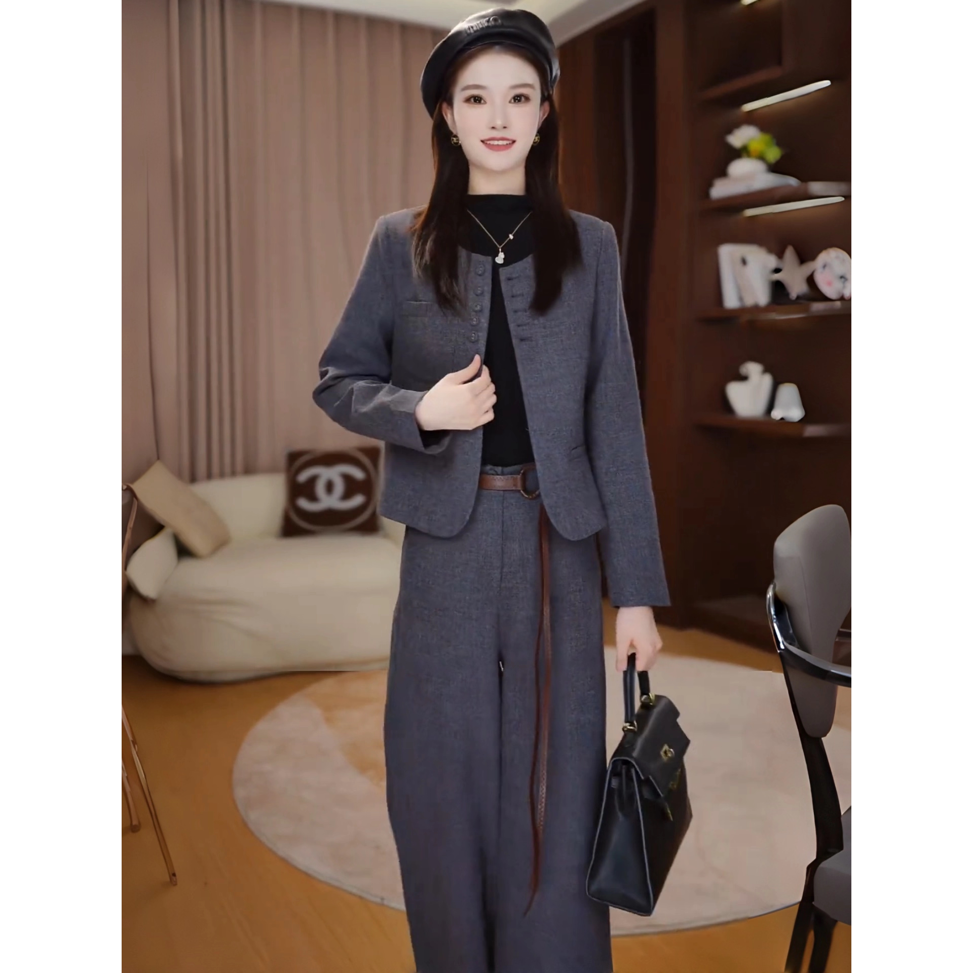 时尚毛呢套装女士秋季新款洋气减龄长袖短外套阔腿裤巨好看两件套