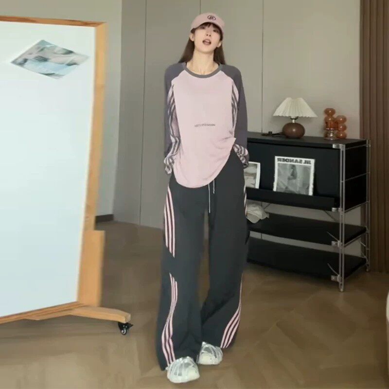 时尚休闲套装女新款宽松T恤侧条纹阔腿裤运动两件套