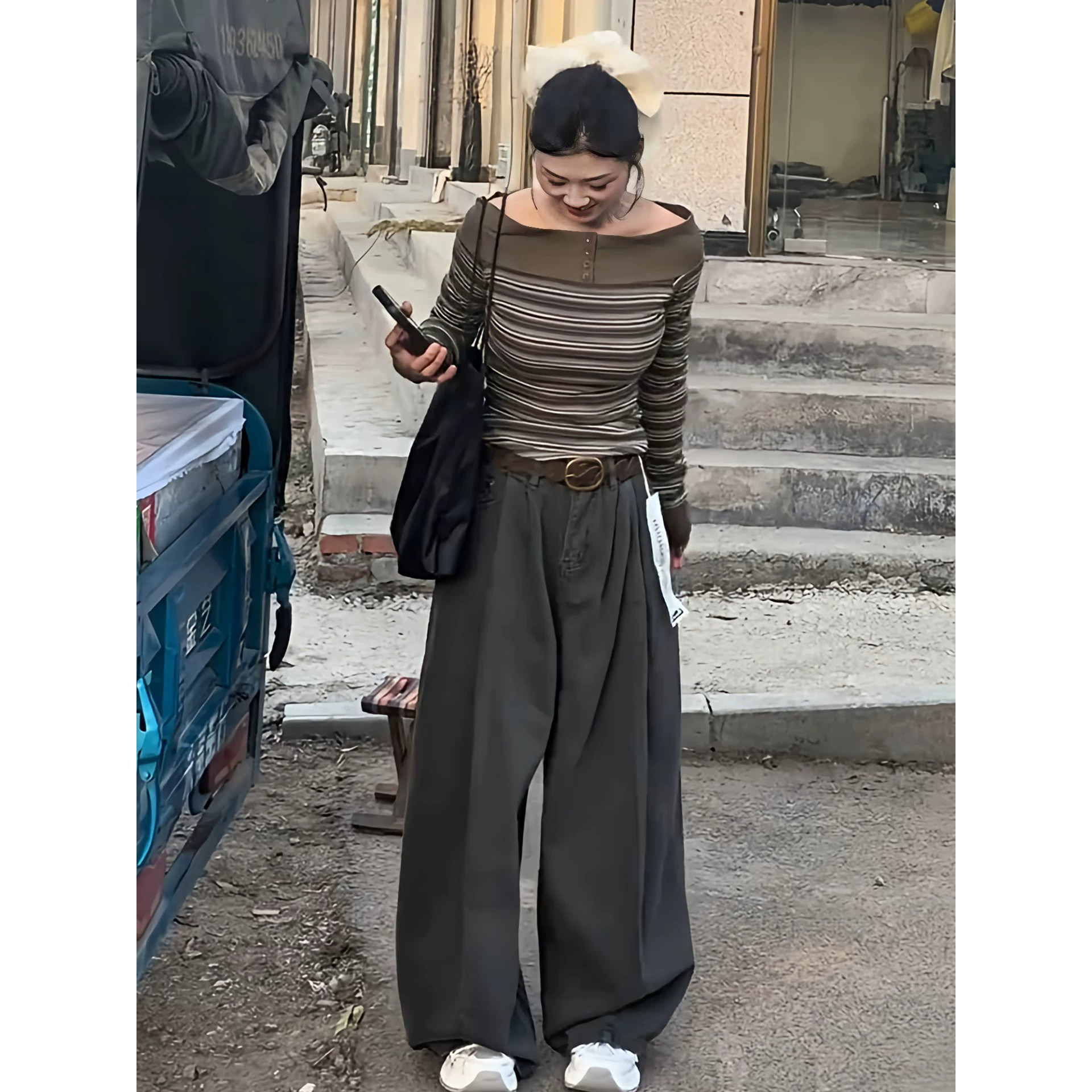 条纹拼接上衣裤子两件套装女早秋时尚休闲两件套